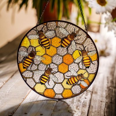 Honeycomb Bees Stained Glass Suncatcher