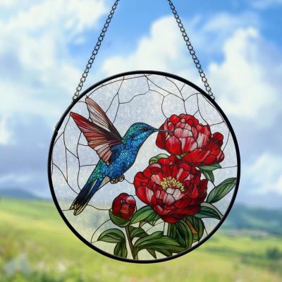 Hummingbird With Peony Stained Glass Suncatcher Window Hangings