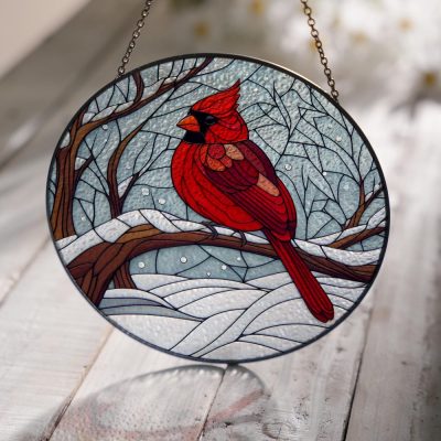 Winter Red Cardinals Stained Glass Suncatcher